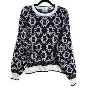 Vintage 70s Sears Knit Acrylic Cream Funky Multicolor Crewneck Sweater Large